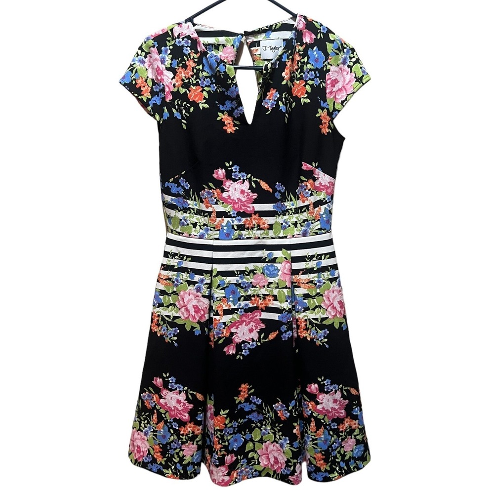 J Taylor Womens Size 6 Floral Dress Fit Flare Black Striped with Floral Print